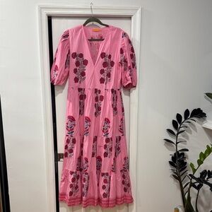 Oliphant Pink and Red Embroidered Midi Dress